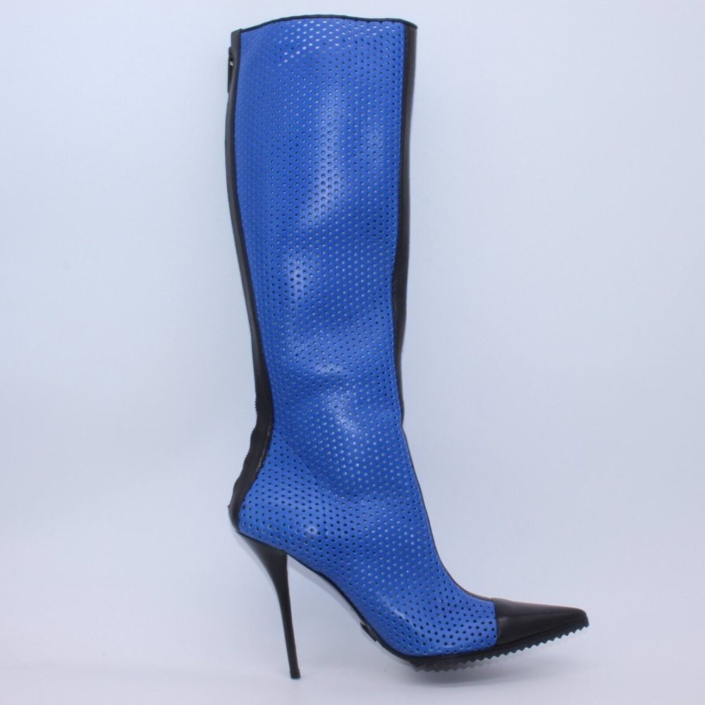 Michael Kors Perforated Leather Abigail Runway Boots Blue/Black Size 40 New - Picture 2 of 12